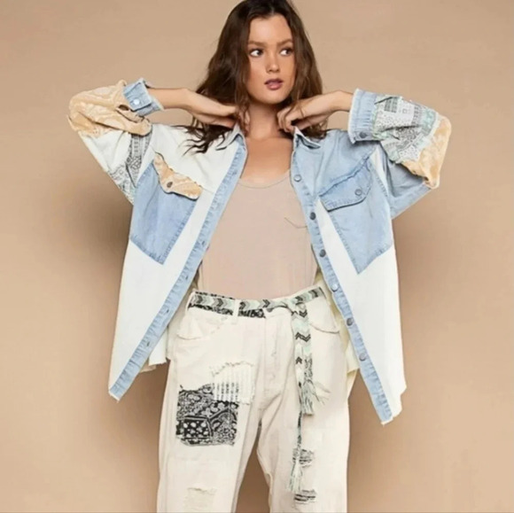 New! POL Oversized Contrast Denim Ivory Fabric Panels Button Down Shacket M - Picture 8 of 13